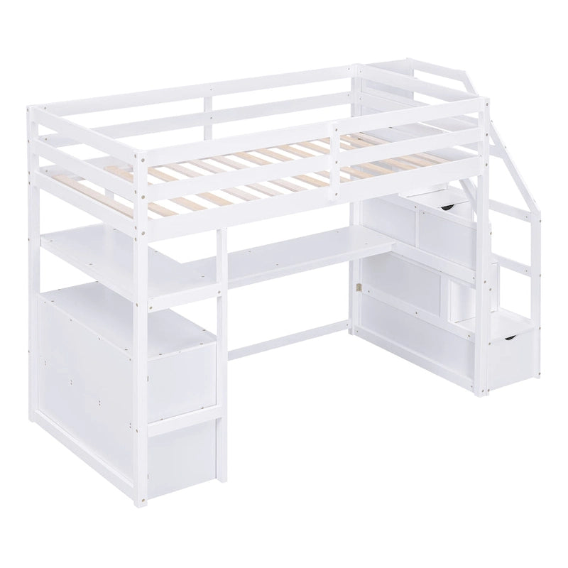 White Solid Pine Wood Loft Bed with Desk Shelves and Storage Drawers