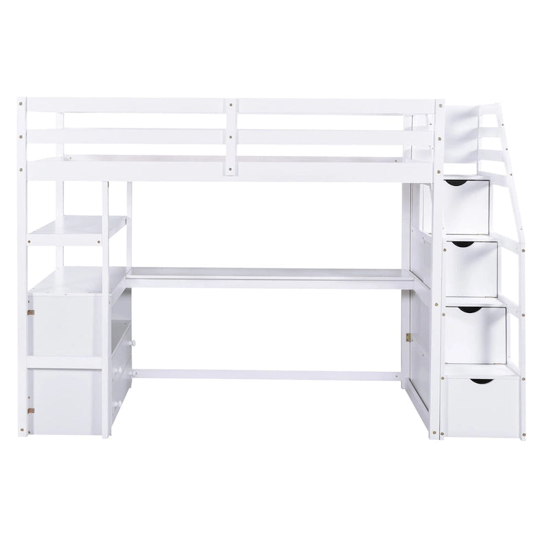 White Solid Pine Wood Loft Bed with Desk Shelves and Storage Drawers
