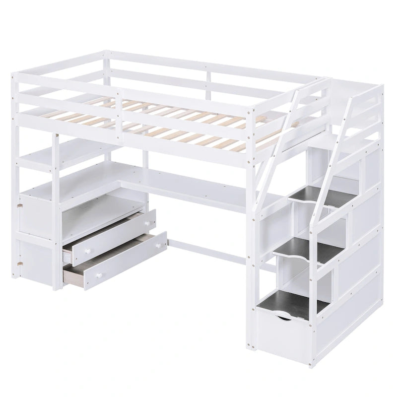 White Solid Pine Wood Loft Bed with Desk Shelves and Storage Drawers