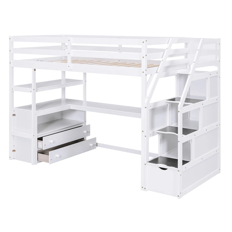 White Solid Pine Wood Loft Bed with Desk Shelves and Storage Drawers
