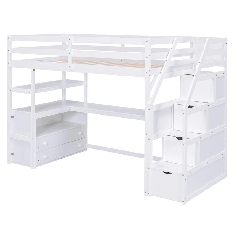 White Solid Pine Wood Loft Bed with Desk Shelves and Storage Drawers