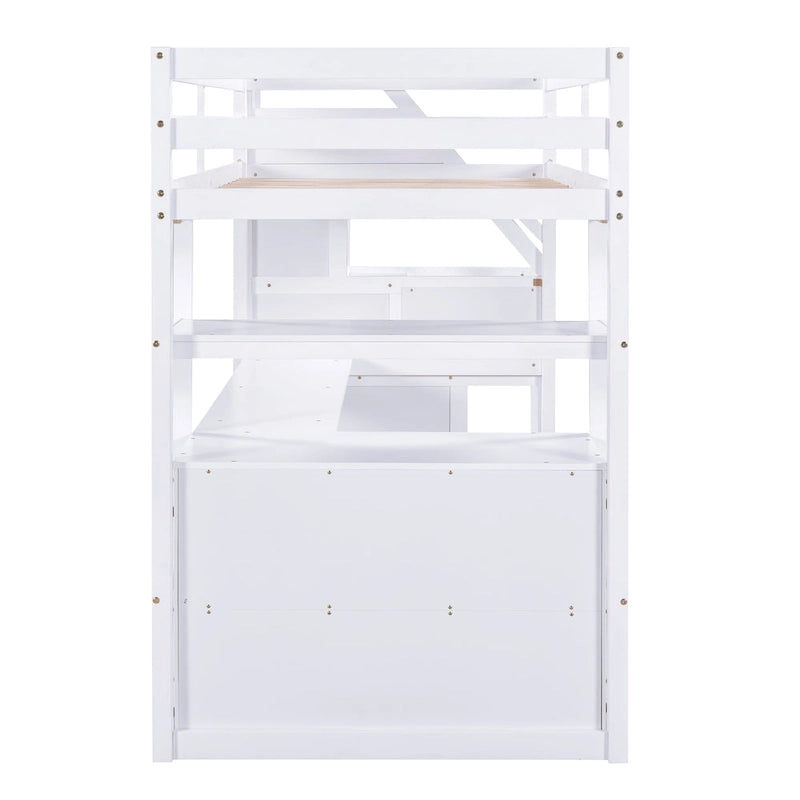 White Solid Pine Wood Loft Bed with Desk Shelves and Storage Drawers