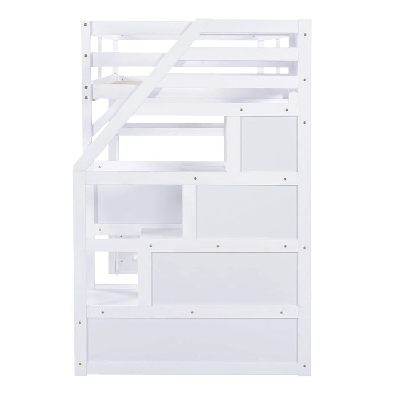 White Solid Pine Wood Loft Bed with Desk Shelves and Storage Drawers