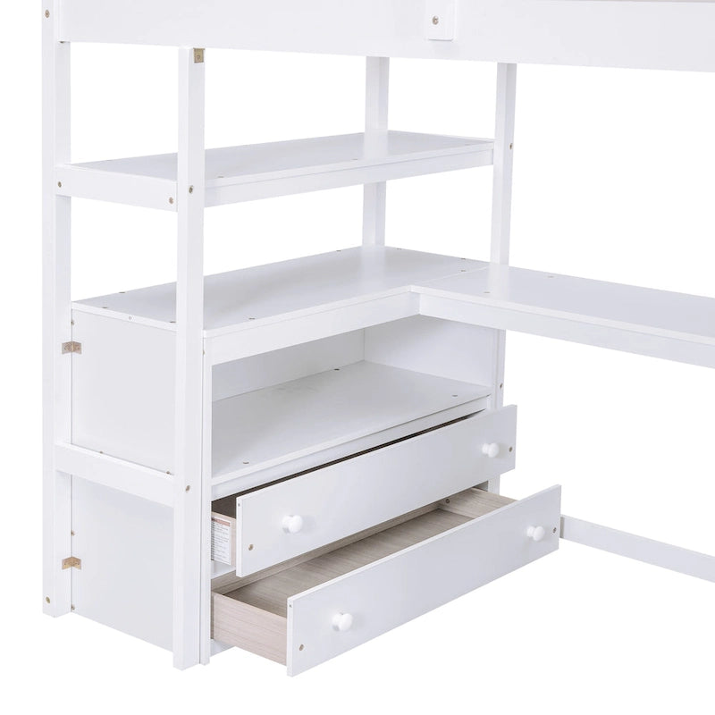 White Solid Pine Wood Loft Bed with Desk Shelves and Storage Drawers