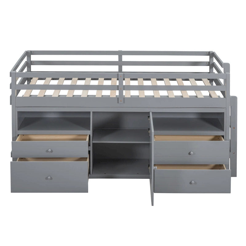 Gray Twin Low Loft Bed with Storage Drawers Shelves and Cabinet