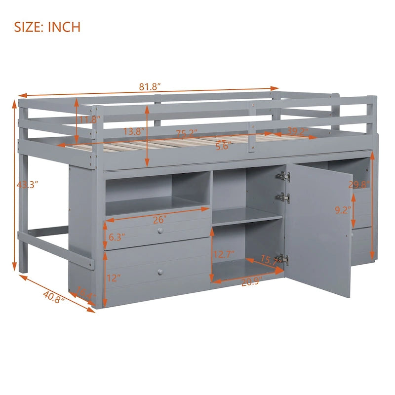 Gray Twin Low Loft Bed with Storage Drawers Shelves and Cabinet