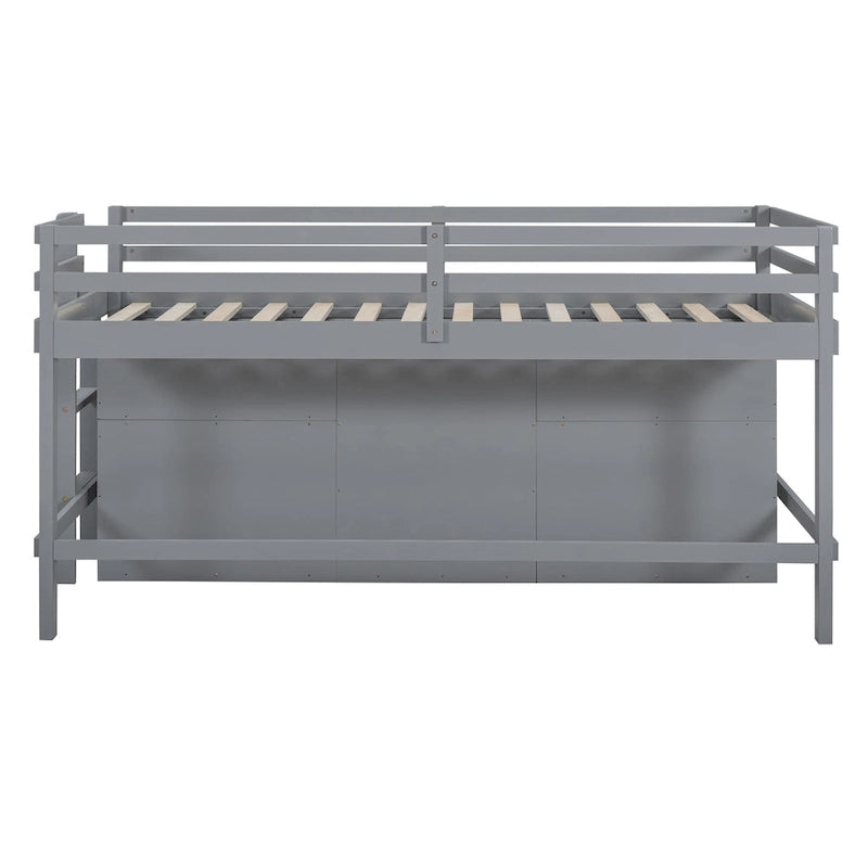 Gray Twin Low Loft Bed with Storage Drawers Shelves and Cabinet