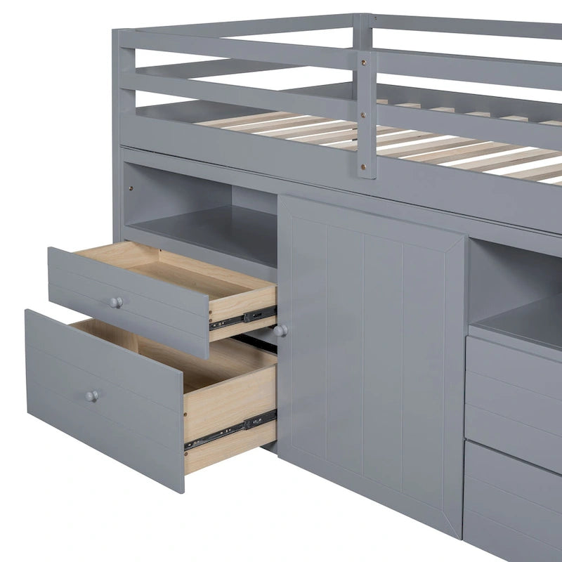 Gray Twin Low Loft Bed with Storage Drawers Shelves and Cabinet