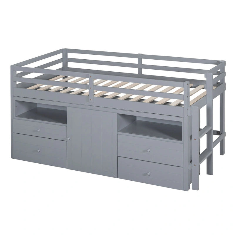 Gray Twin Low Loft Bed with Storage Drawers Shelves and Cabinet