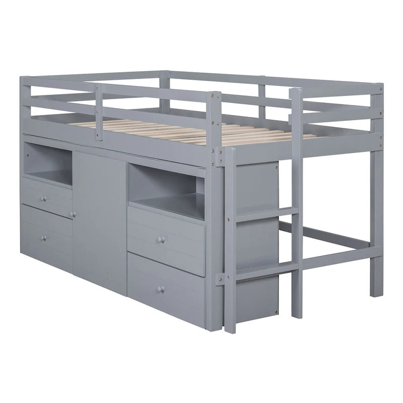 Gray Twin Low Loft Bed with Storage Drawers Shelves and Cabinet