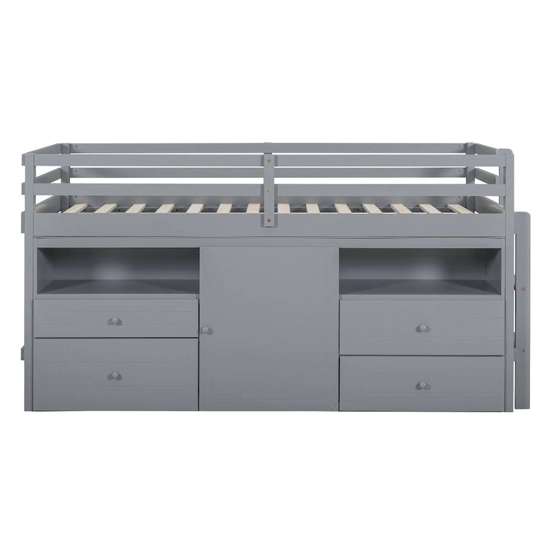 Gray Twin Low Loft Bed with Storage Drawers Shelves and Cabinet
