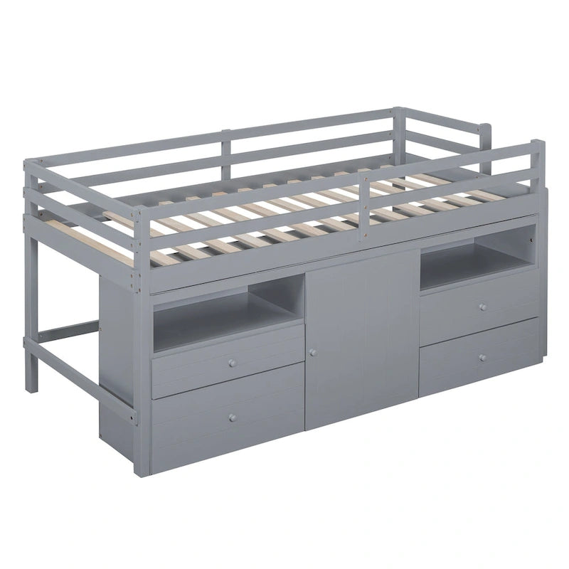 Gray Twin Low Loft Bed with Storage Drawers Shelves and Cabinet