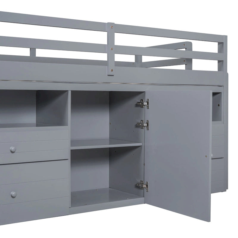 Gray Twin Low Loft Bed with Storage Drawers Shelves and Cabinet