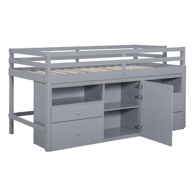 Gray Twin Low Loft Bed with Storage Drawers Shelves and Cabinet