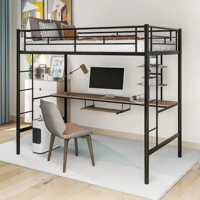 Black Metal Loft Bed with Desk, Shelves and Dual Ladders
