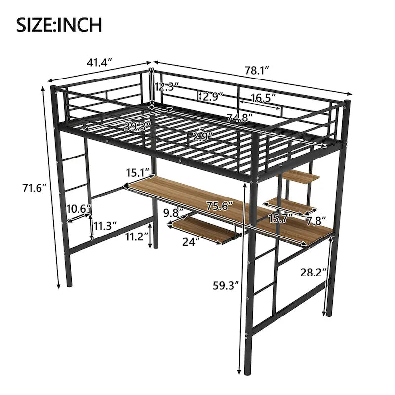 Black Metal Loft Bed with Desk, Shelves and Dual Ladders
