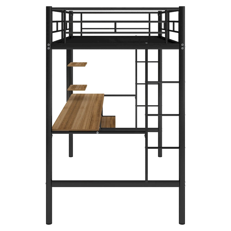 Black Metal Loft Bed with Desk, Shelves and Dual Ladders