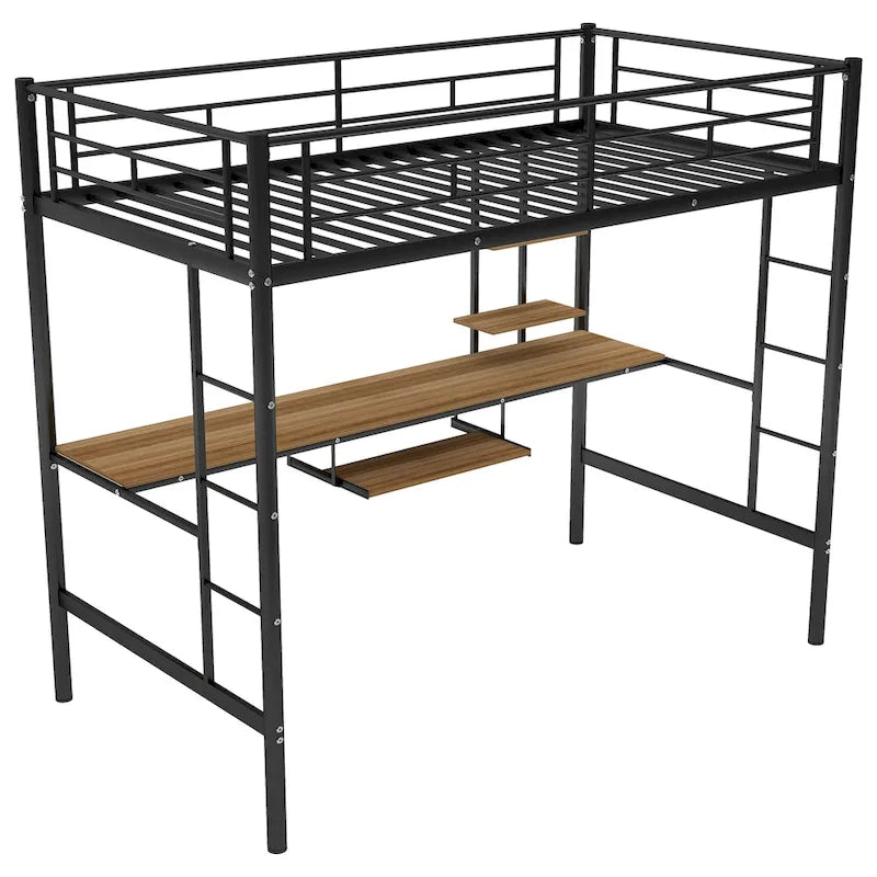 Black Metal Loft Bed with Desk, Shelves and Dual Ladders