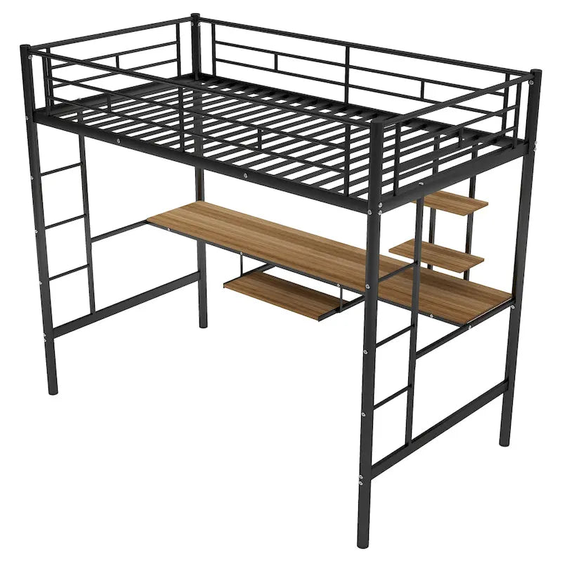 Black Metal Loft Bed with Desk, Shelves and Dual Ladders