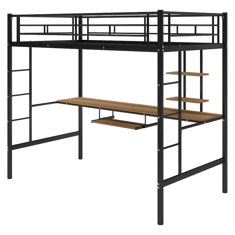 Black Metal Loft Bed with Desk, Shelves and Dual Ladders