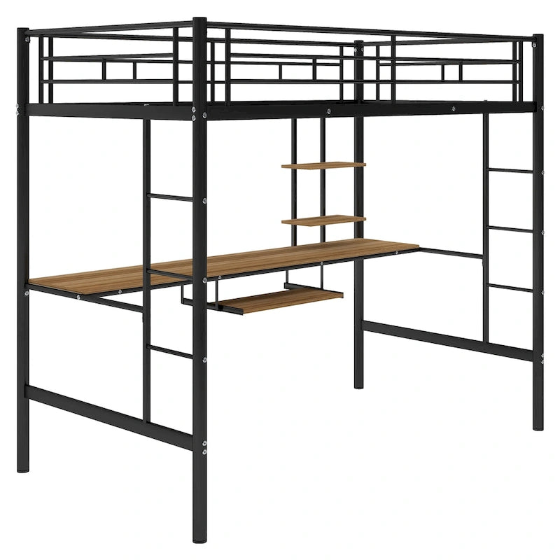 Black Metal Loft Bed with Desk, Shelves and Dual Ladders