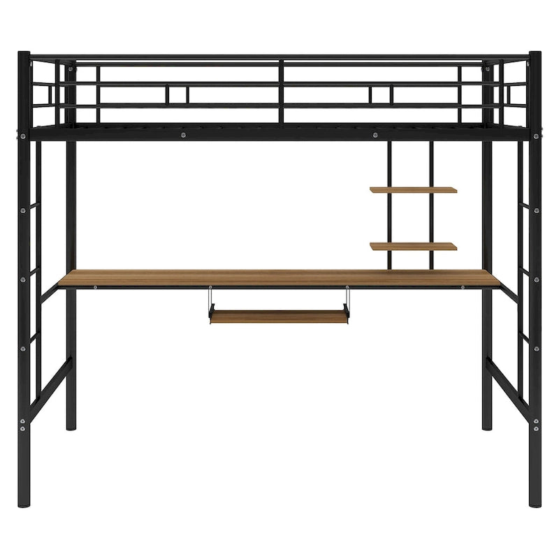 Black Metal Loft Bed with Desk, Shelves and Dual Ladders