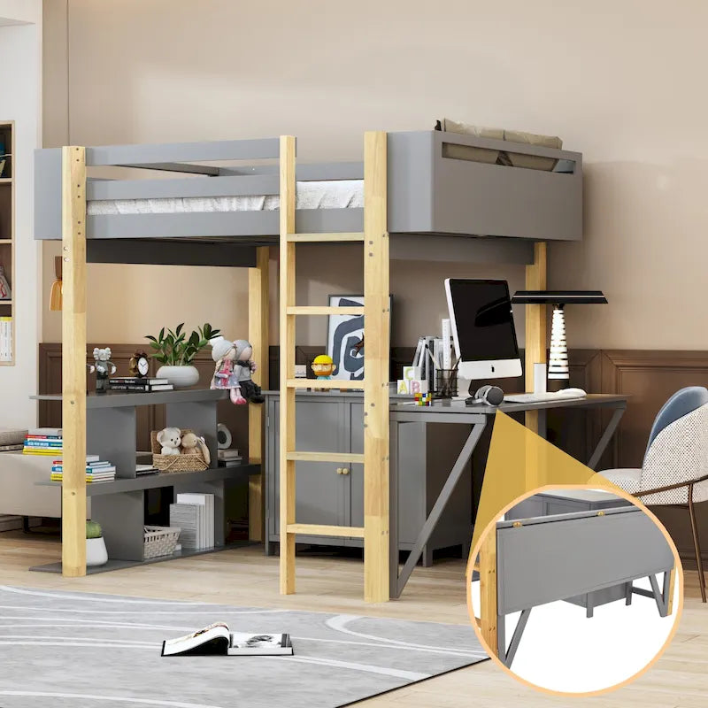 Gray Twin Solid Wood Loft Bed with Storage Cabinet and Foldable Desk