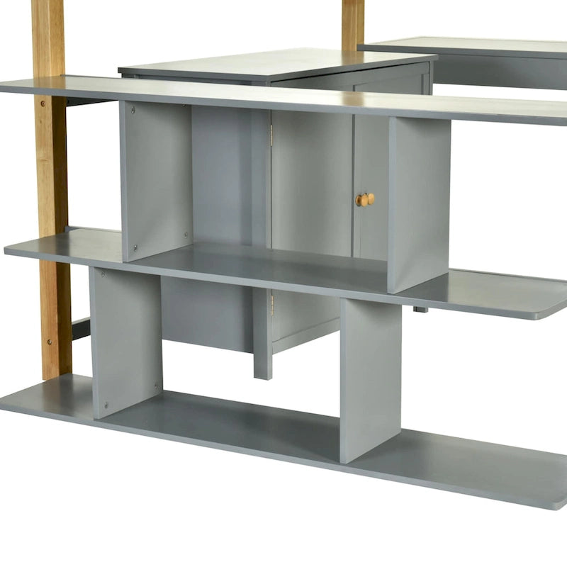 Gray Twin Solid Wood Loft Bed with Storage Cabinet and Foldable Desk
