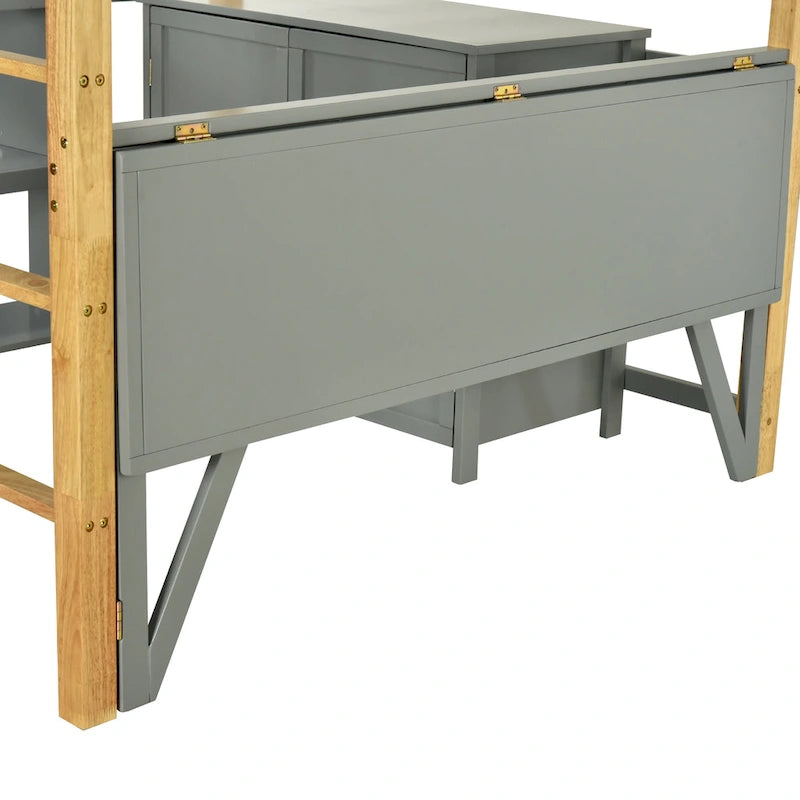 Gray Twin Solid Wood Loft Bed with Storage Cabinet and Foldable Desk