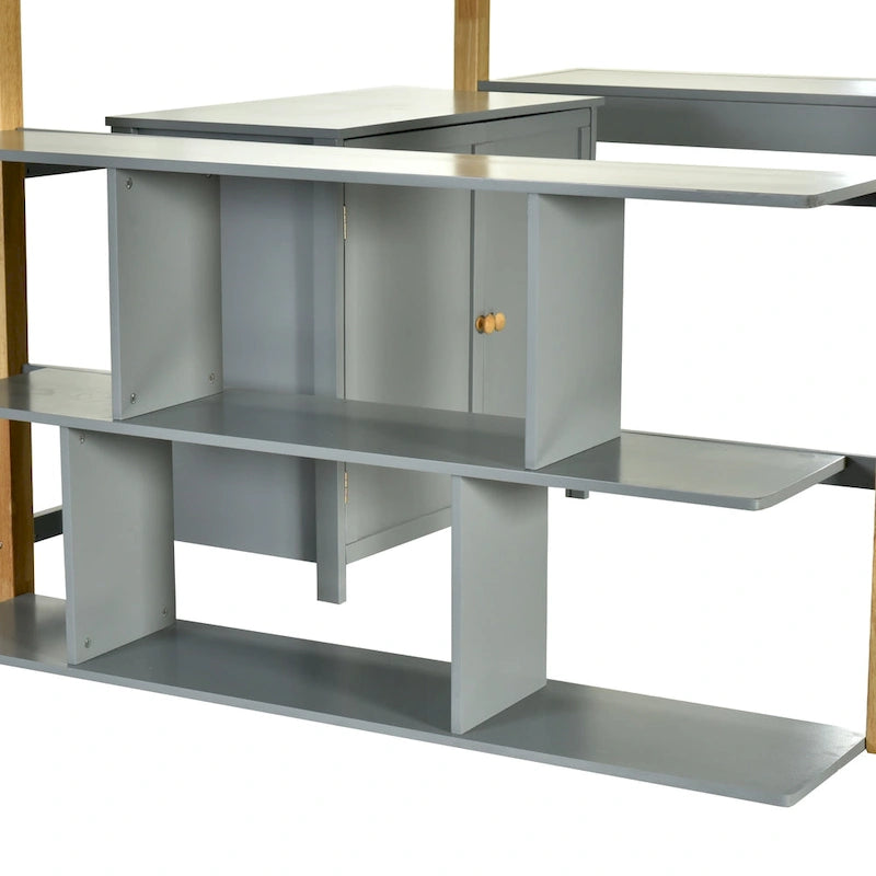 Gray Twin Solid Wood Loft Bed with Storage Cabinet and Foldable Desk