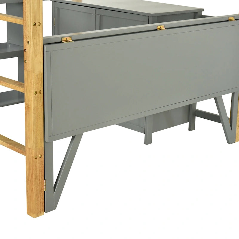 Gray Twin Solid Wood Loft Bed with Storage Cabinet and Foldable Desk