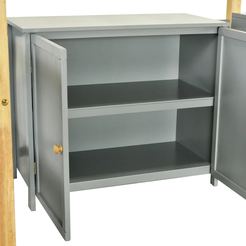 Gray Twin Solid Wood Loft Bed with Storage Cabinet and Foldable Desk