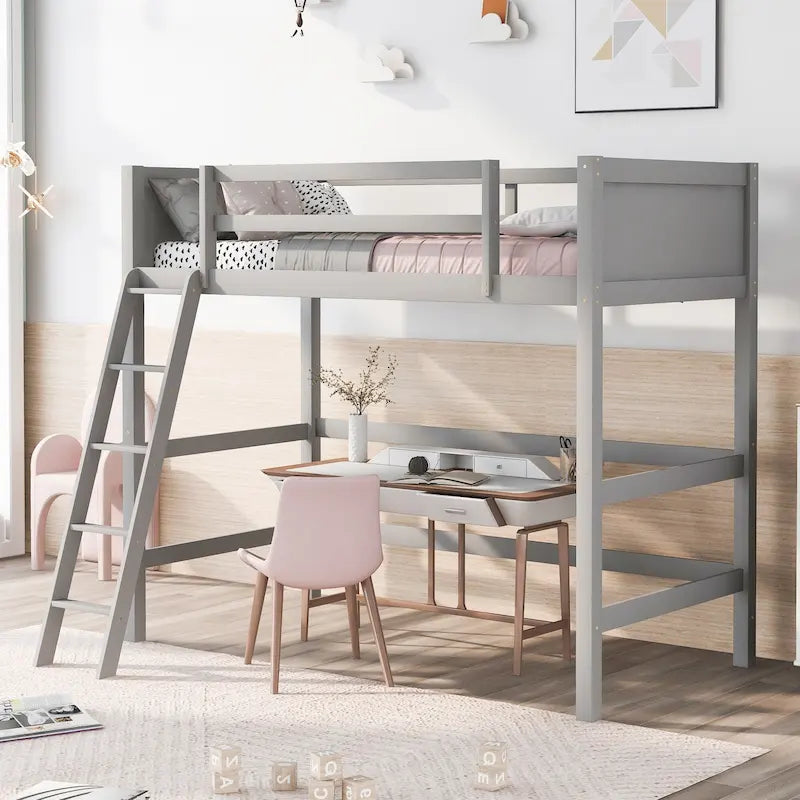 Solid Wood Twin Loft Bed with Ladder Guard Rail Gray