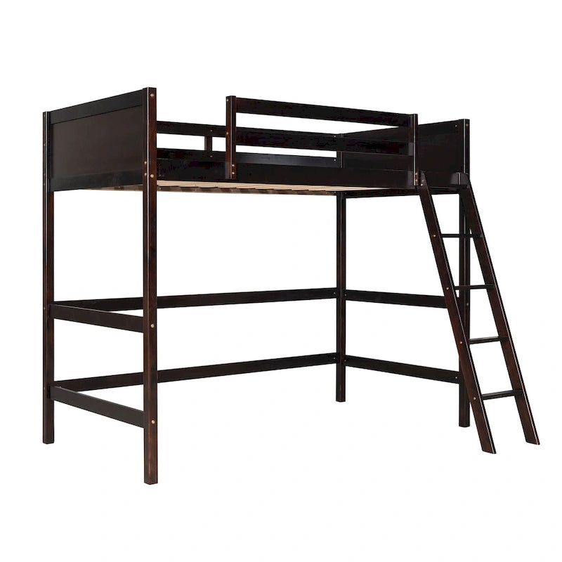 Solid Wood Twin Loft Bed with Ladder Guard Rail Gray