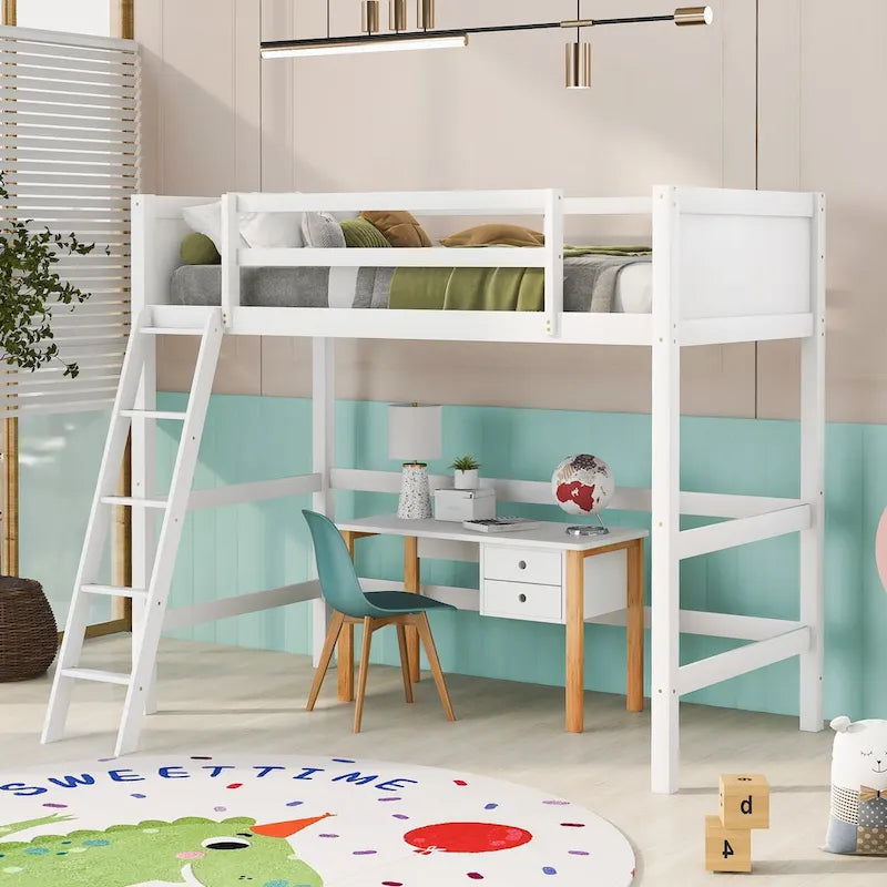 Solid Wood Twin Loft Bed with Ladder Guard Rail Gray