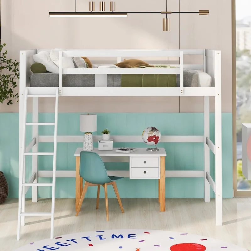Solid Wood Twin Loft Bed with Ladder Guard Rail Gray