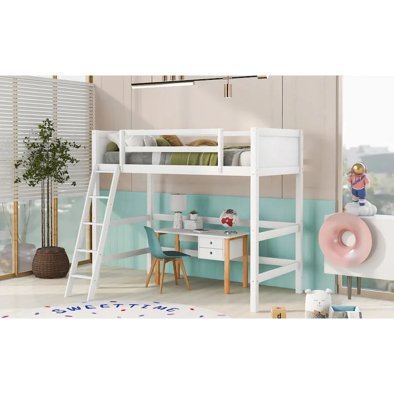 Solid Wood Twin Loft Bed with Ladder Guard Rail Gray