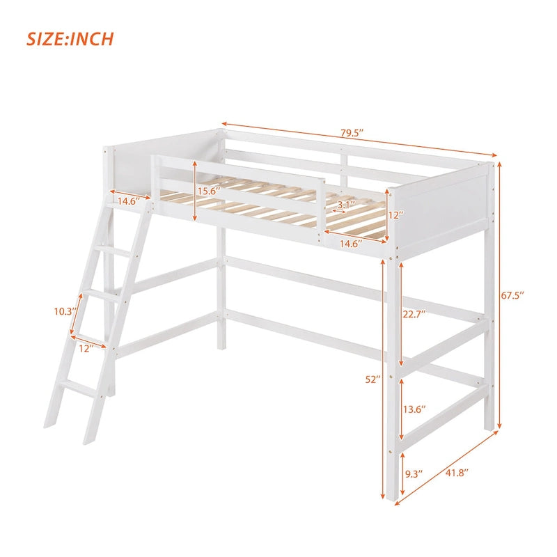 Solid Wood Twin Loft Bed with Ladder Guard Rail Gray