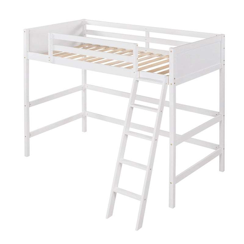 Solid Wood Twin Loft Bed with Ladder Guard Rail Gray