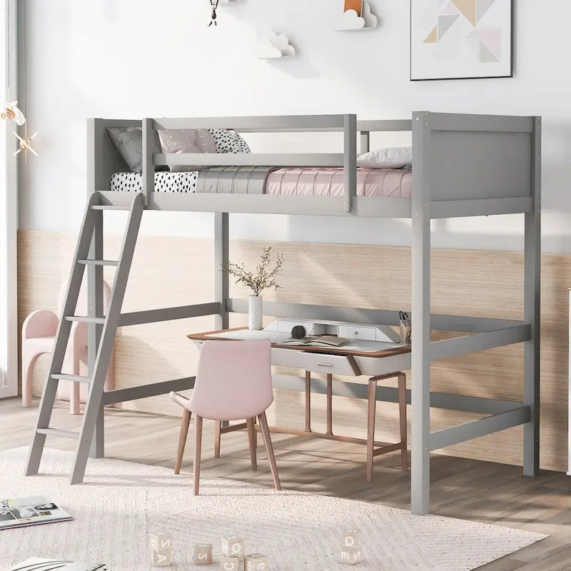 Solid Wood Twin Loft Bed with Ladder Guard Rail Gray