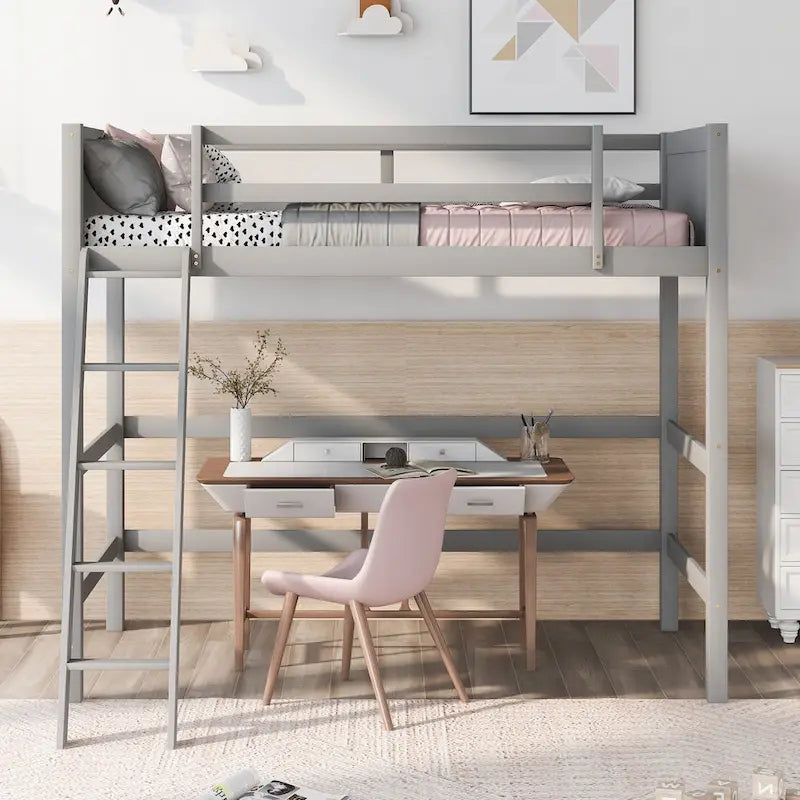 Solid Wood Twin Loft Bed with Ladder Guard Rail Gray