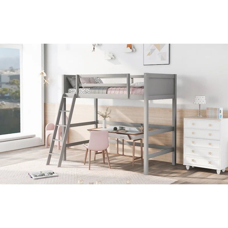 Solid Wood Twin Loft Bed with Ladder Guard Rail Gray