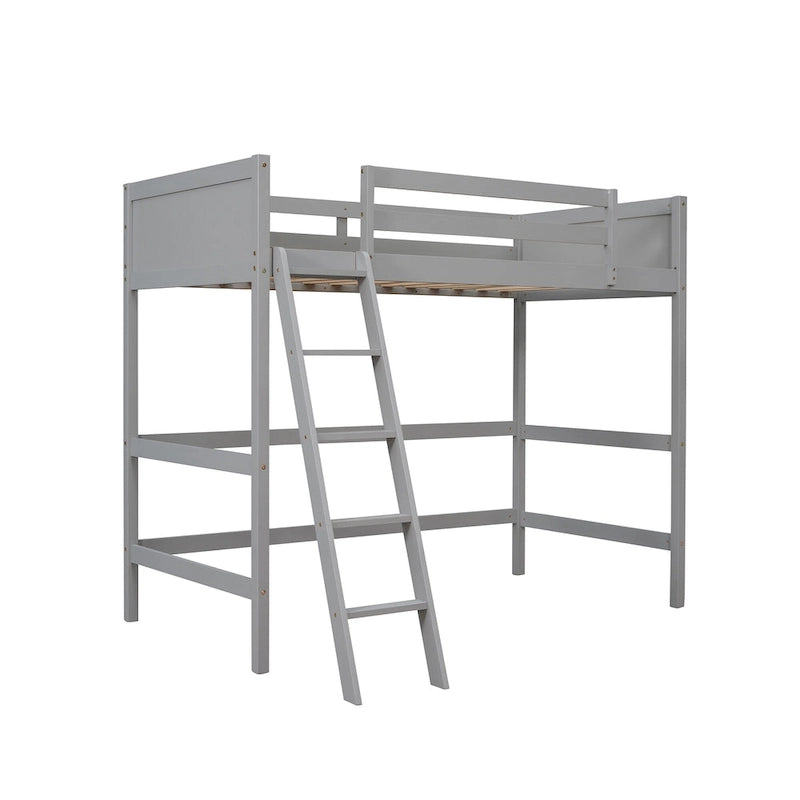 Solid Wood Twin Loft Bed with Ladder Guard Rail Gray