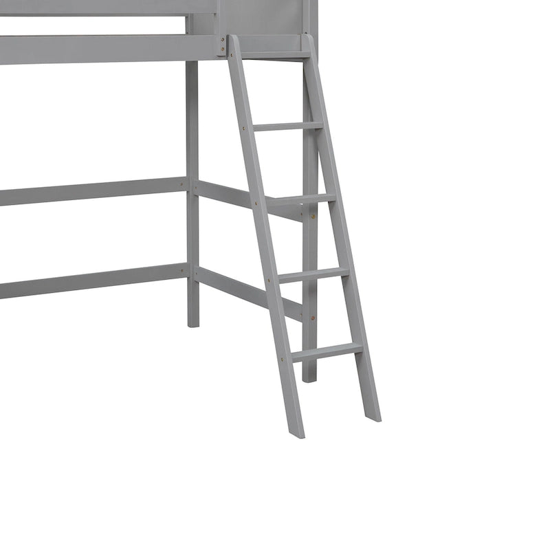 Solid Wood Twin Loft Bed with Ladder Guard Rail Gray