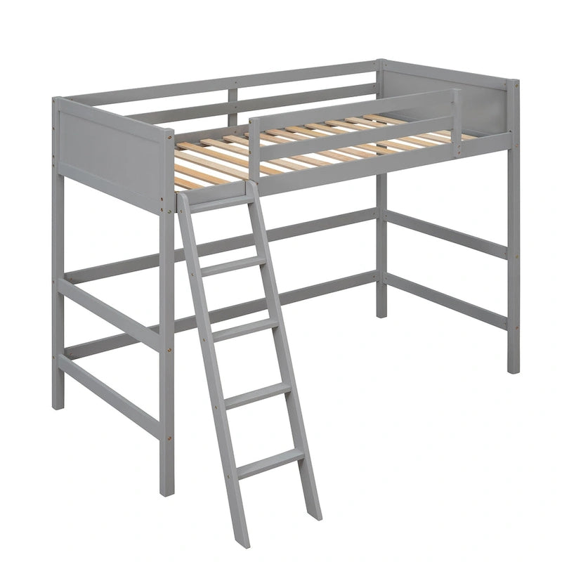Solid Wood Twin Loft Bed with Ladder Guard Rail Gray