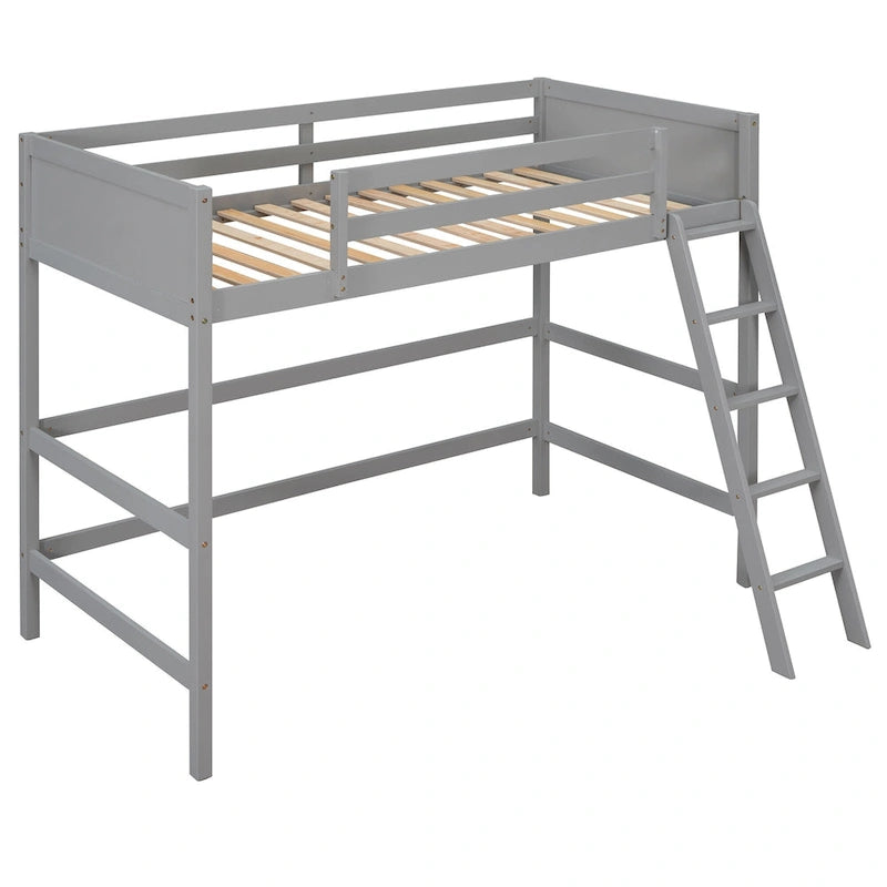 Solid Wood Twin Loft Bed with Ladder Guard Rail Gray