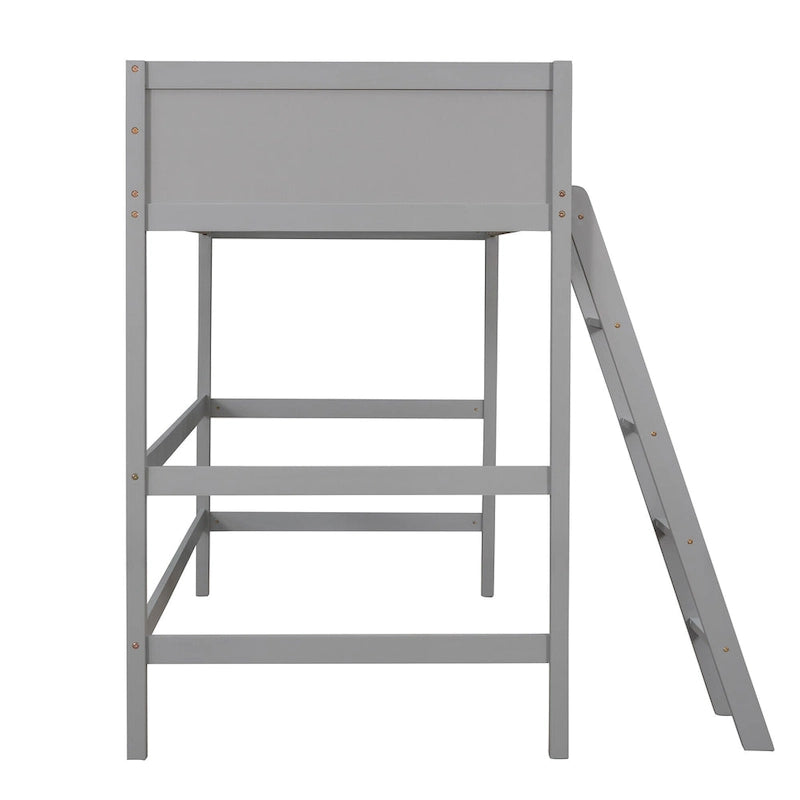 Solid Wood Twin Loft Bed with Ladder Guard Rail Gray