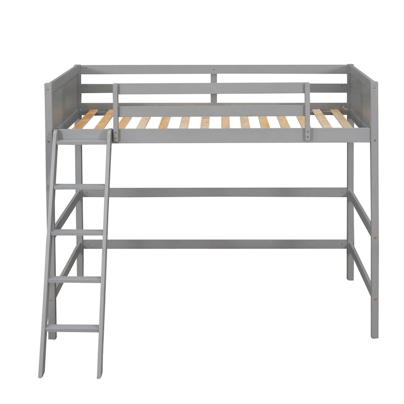 Solid Wood Twin Loft Bed with Ladder Guard Rail Gray