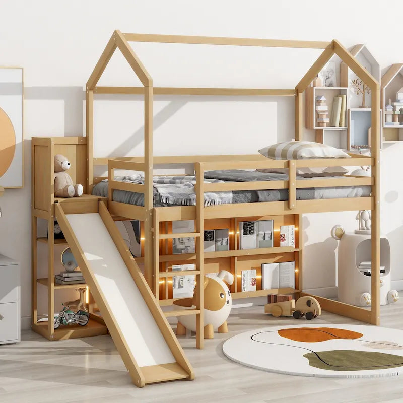 Natural Wood Kids House Loft Bed with Slide and Storage