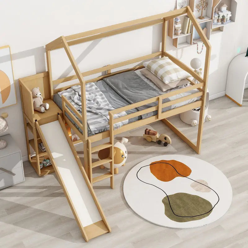 Natural Wood Kids House Loft Bed with Slide and Storage